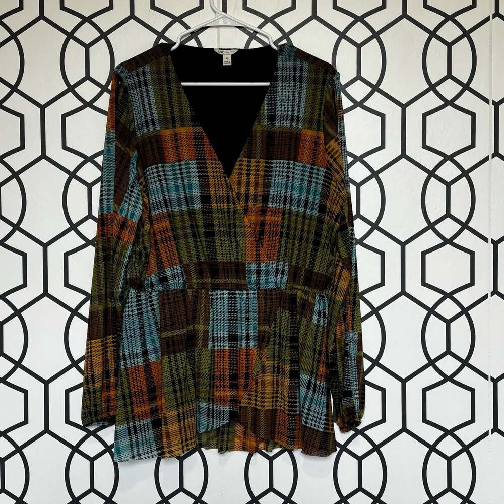Cato Plaid V-Neck Long Sleeve Blouse Size XL